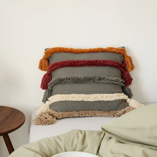 BowLift | Bohemian Velour Cushion Cover - Woven Cushion Cover with Colorful Stripes and Fringes