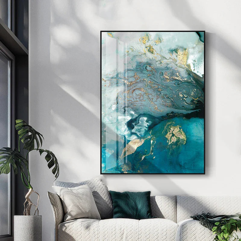 Abstract Aqua Blue Green Jade Golden Liquid Marble Print Wall Art Fine Art Canvas Prints Pictures For Luxury Living Room Art Decor | Bowlift