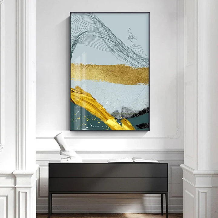 Blue Golden Minimalist Wall Art Fine Art Canvas Prints Scandinavian Abstract Pictures For Modern Apartment Living Room Home Office Decor | Bowlift