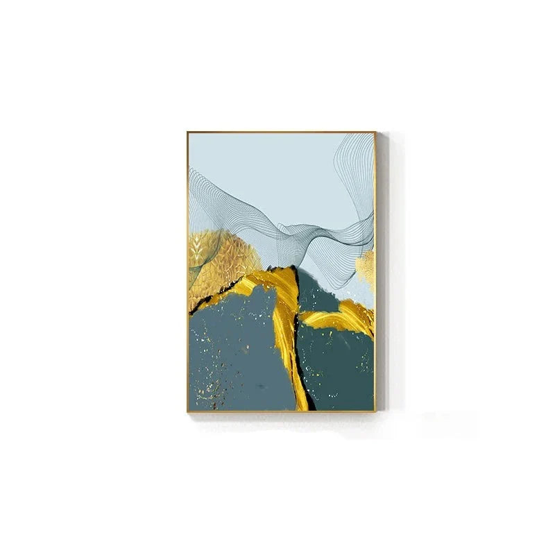 Blue Golden Minimalist Wall Art Fine Art Canvas Prints Scandinavian Abstract Pictures For Modern Apartment Living Room Home Office Decor | Bowlift