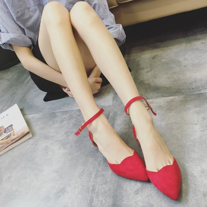 BowLift | Women's Buckle Straps Low Heels Pumps Pointed Toe Flock D'Orsay Heels Shoes Single Shoe Blue
