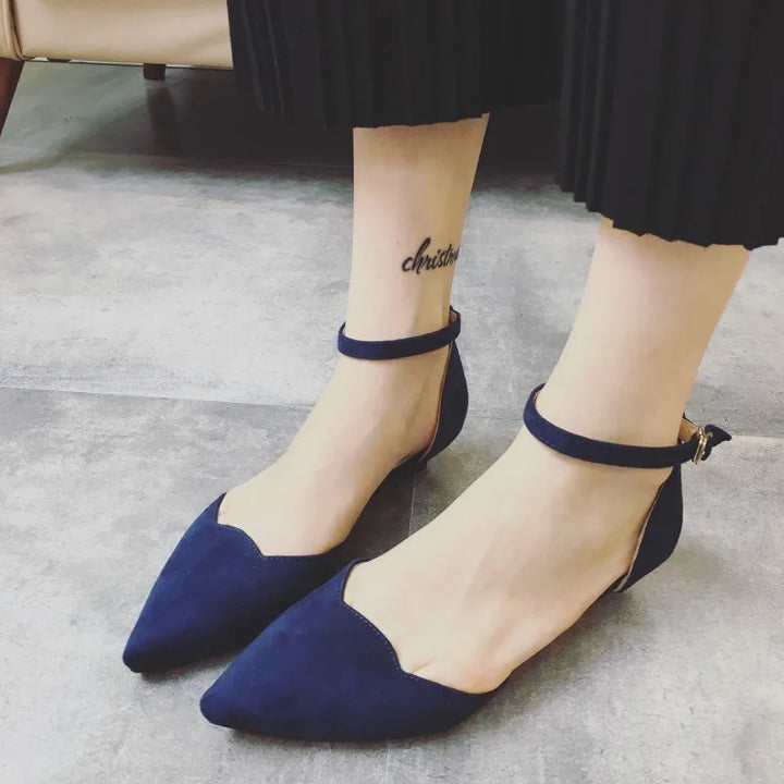 BowLift | Women's Buckle Straps Low Heels Pumps Pointed Toe Flock D'Orsay Heels Shoes Single Shoe Blue