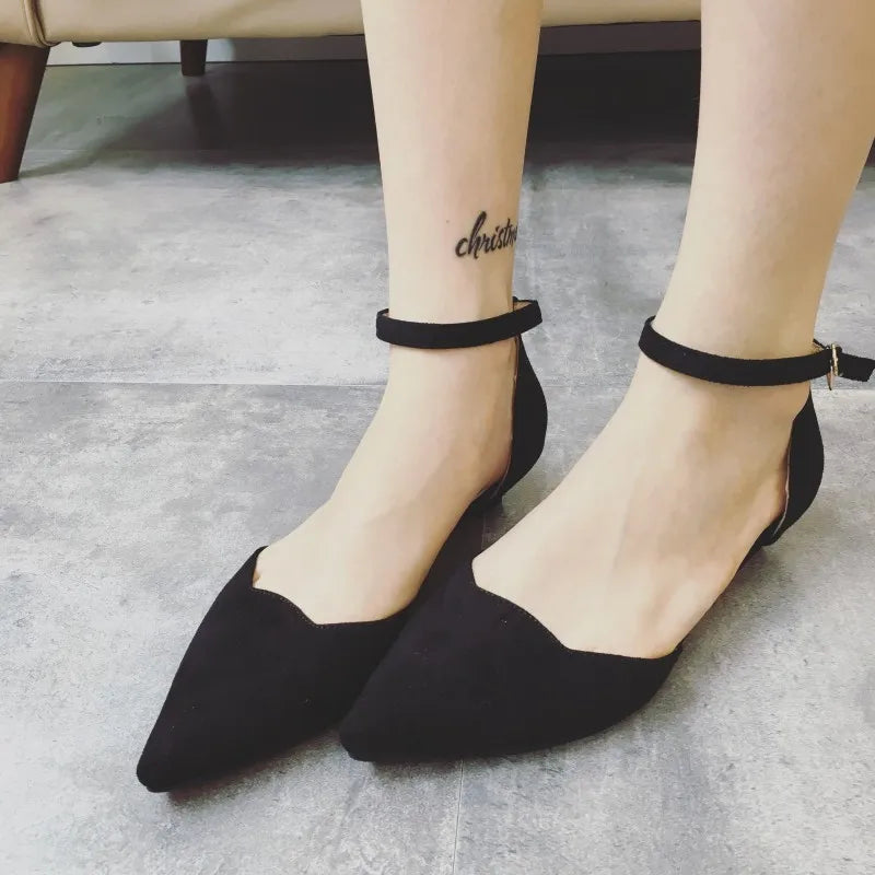 BowLift | Women's Buckle Straps Low Heels Pumps Pointed Toe Flock D'Orsay Heels Shoes Single Shoe Blue