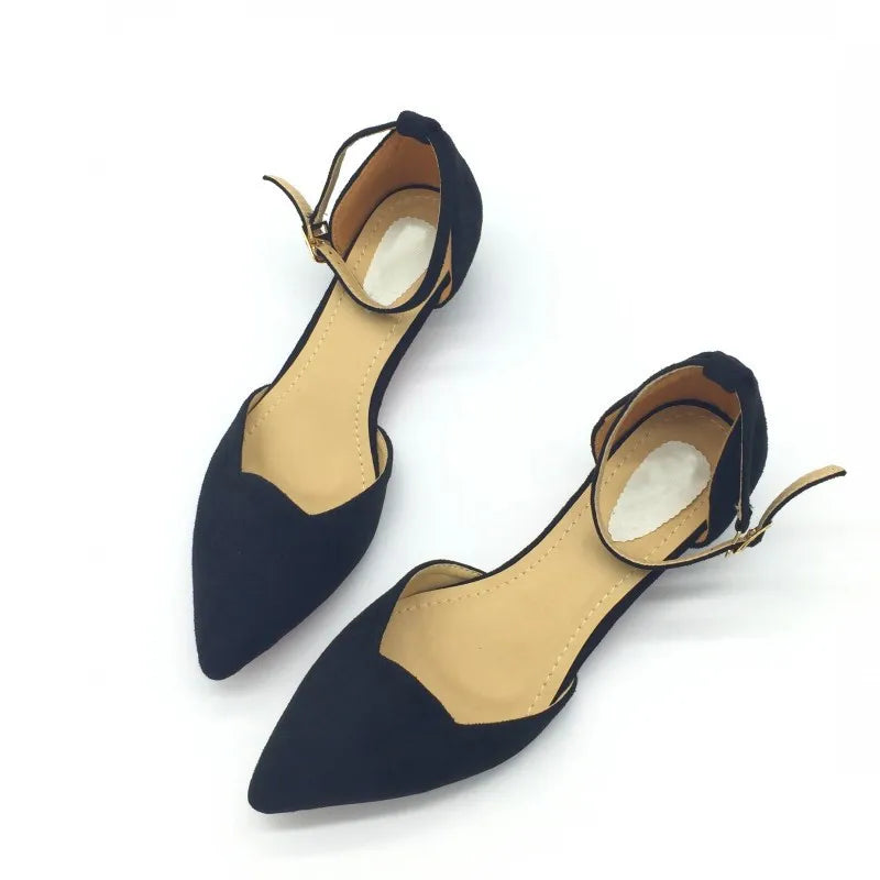 BowLift | Women's Buckle Straps Low Heels Pumps Pointed Toe Flock D'Orsay Heels Shoes Single Shoe Blue