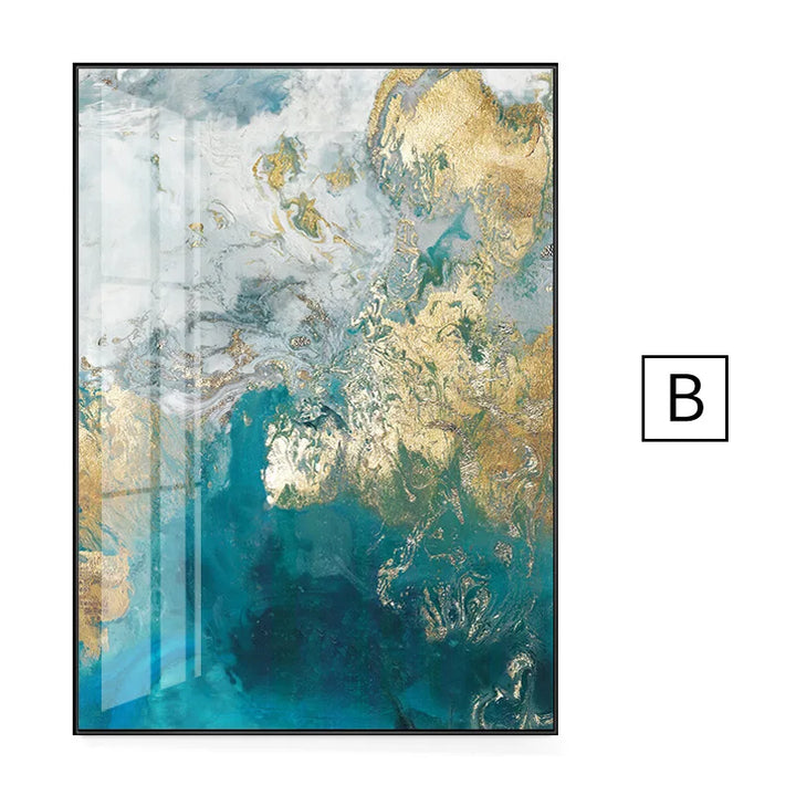 Abstract Aqua Blue Green Jade Golden Liquid Marble Print Wall Art Fine Art Canvas Prints Pictures For Luxury Living Room Art Decor | Bowlift