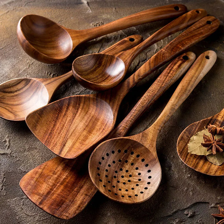 BowLift | NordTeak 7-piece kitchen helper set – premium teak wood tools for stylish and versatile cooking