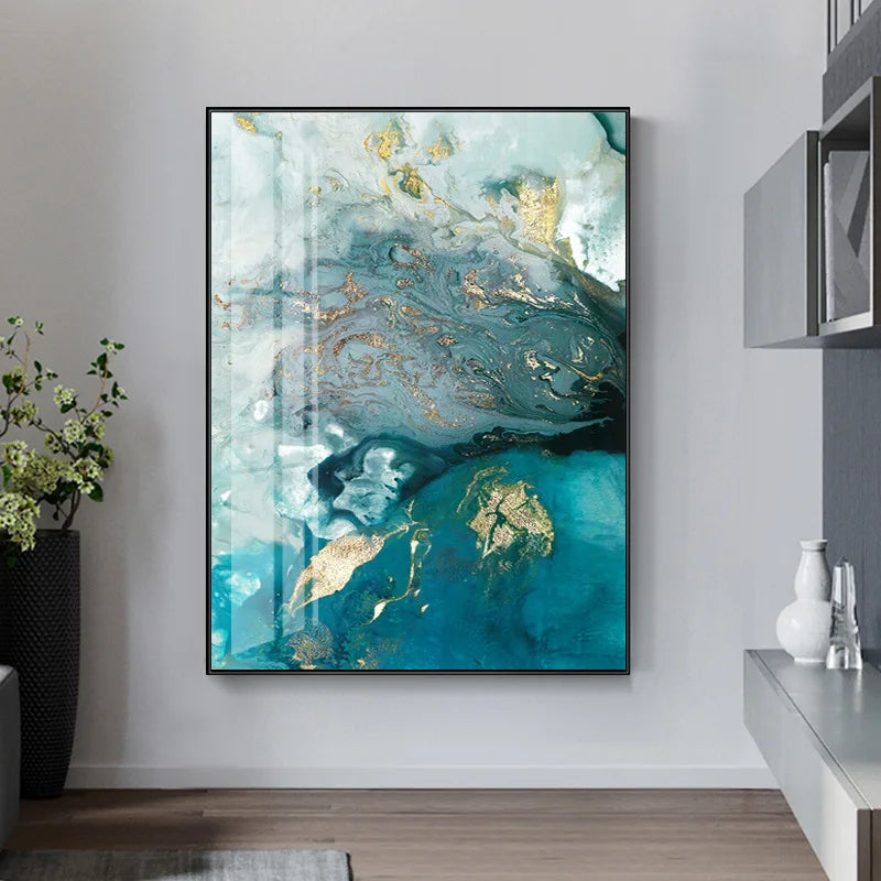 Abstract Aqua Blue Green Jade Golden Liquid Marble Print Wall Art Fine Art Canvas Prints Pictures For Luxury Living Room Art Decor | Bowlift