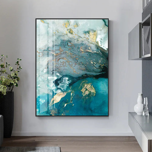 Abstract Aqua Blue Green Jade Golden Liquid Marble Print Wall Art Fine Art Canvas Prints Pictures For Luxury Living Room Art Decor | Bowlift