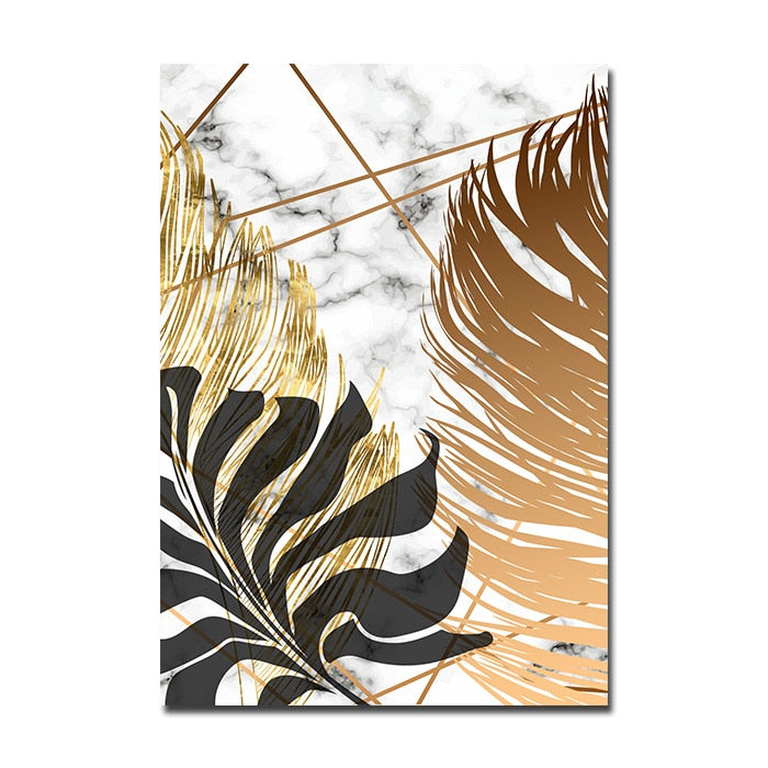 Nordic Tropical Gold Leaves Abstract Wall Art Posters Fine Art Canvas Prints Pictures For Modern Apartment Living Room Decor | Bowlift
