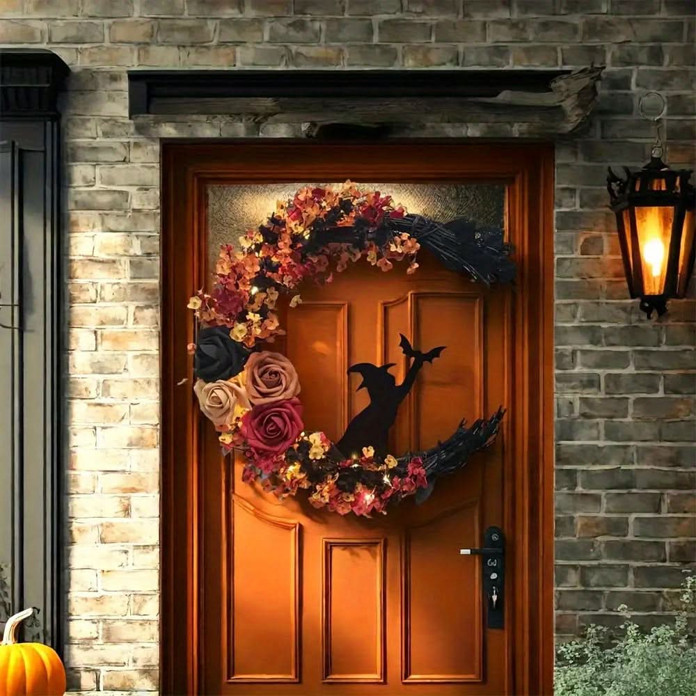 BowLift | Rustic Witch Crescent Moon Floral Wreath for Halloween Door Décor