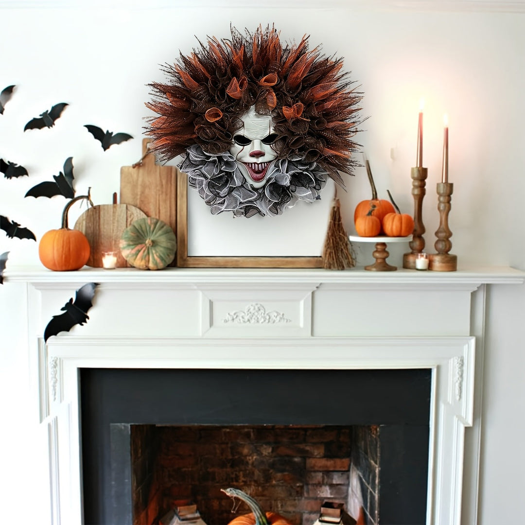 BowLift | Scary Clown Mesh Wreath – Creepy Halloween Front Door Decoration
