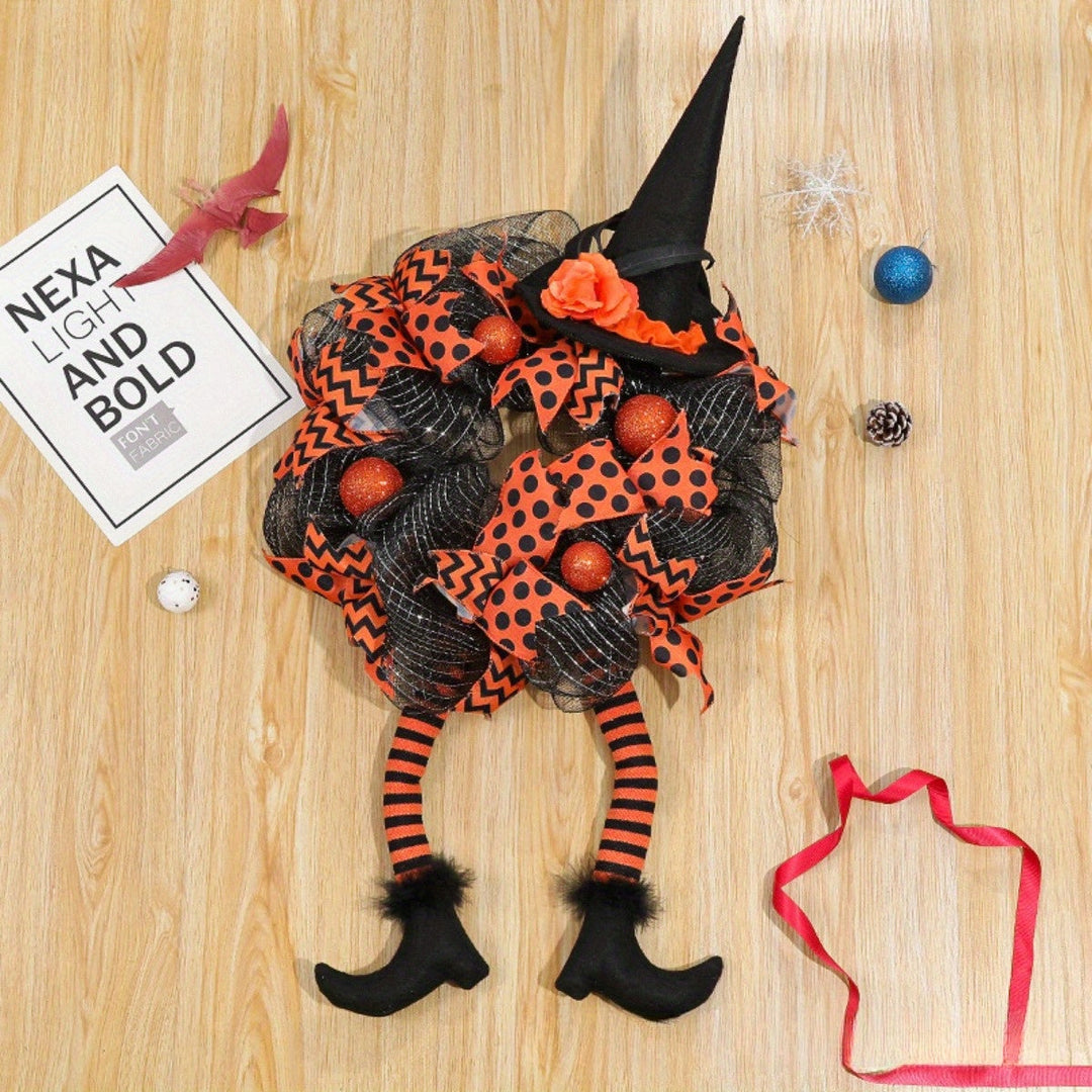 BowLift | Halloween Witch Mesh Wreath – Whimsical Front Door Wreath for Spooky Season Decor