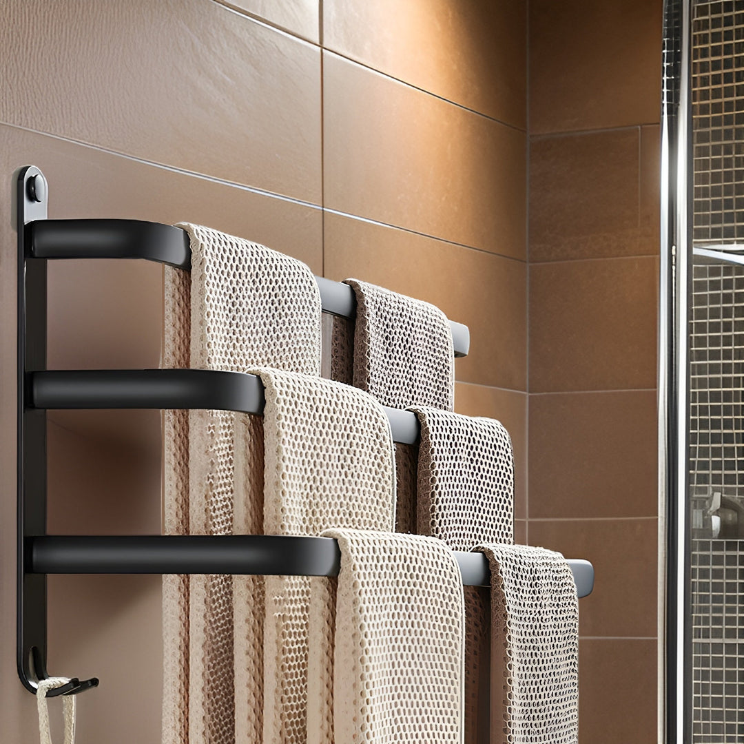 BowLift | HangEase 3-Layer Towel Holder – Black Wall-Mounted Aluminium Rack Without Drilling