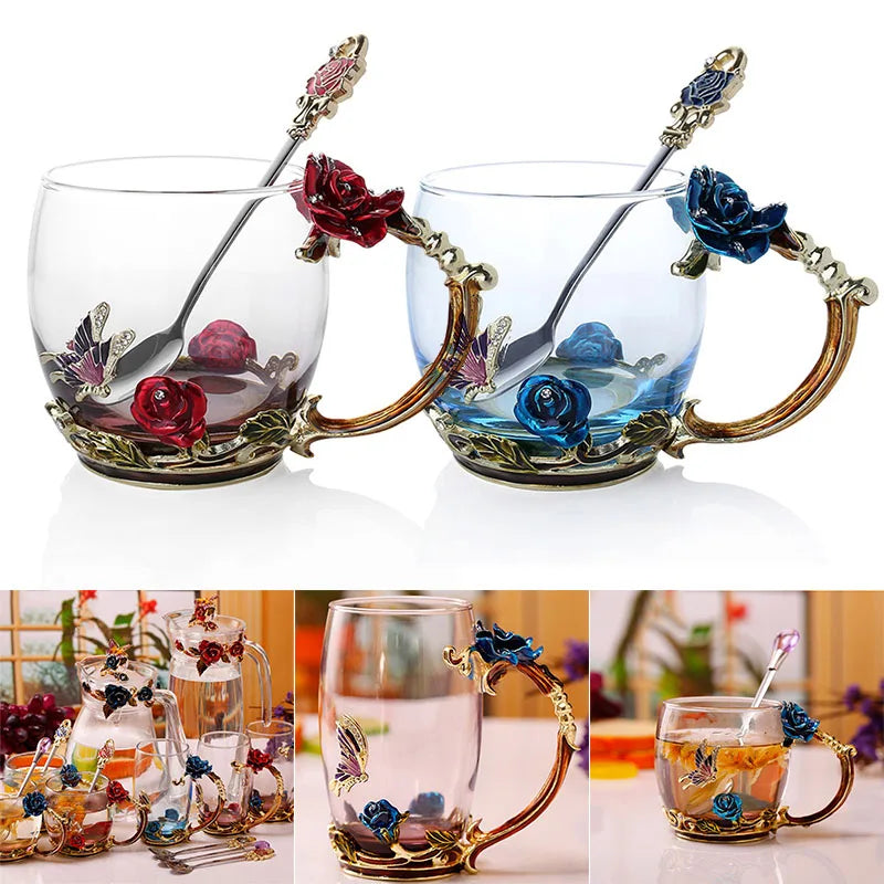 BowLift | Handcrafted Enamel Coffee Mugs Rose-Glass Tea Cup with Steel Spoon Luxury Unique Gifts for Wedding Valentine's Day Birthday Gifts