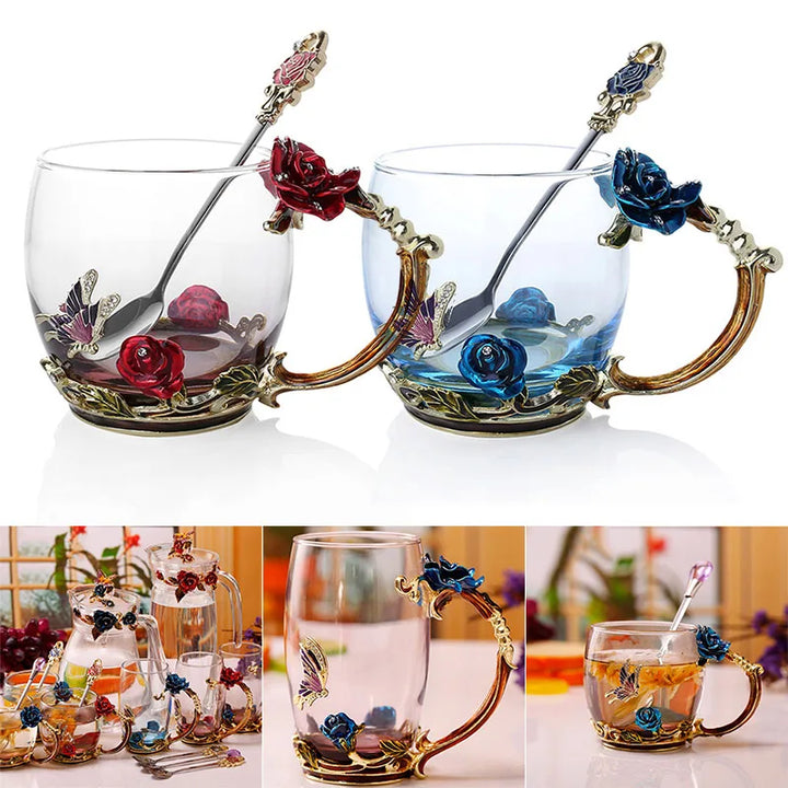 BowLift | Handcrafted Enamel Coffee Mugs Rose-Glass Tea Cup with Steel Spoon Luxury Unique Gifts for Wedding Valentine's Day Birthday Gifts