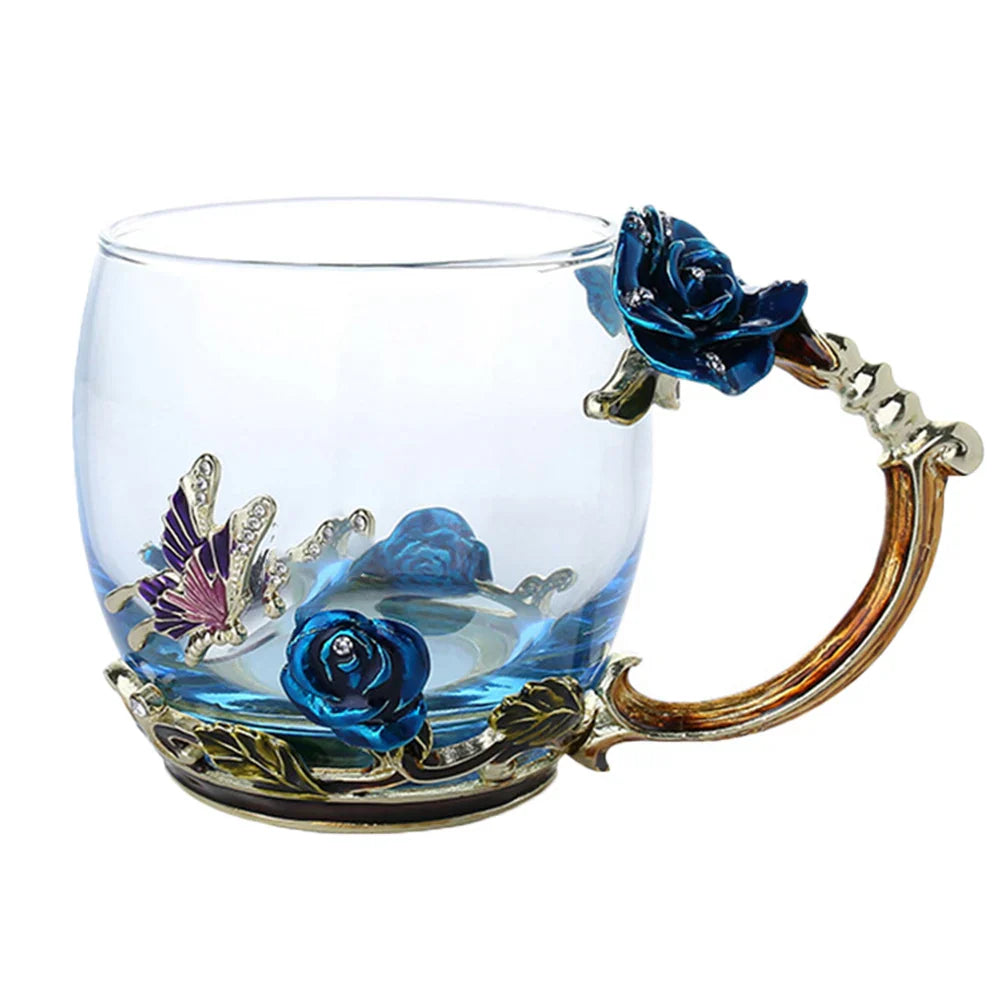 BowLift | Handcrafted Enamel Coffee Mugs Rose-Glass Tea Cup with Steel Spoon Luxury Unique Gifts for Wedding Valentine's Day Birthday Gifts