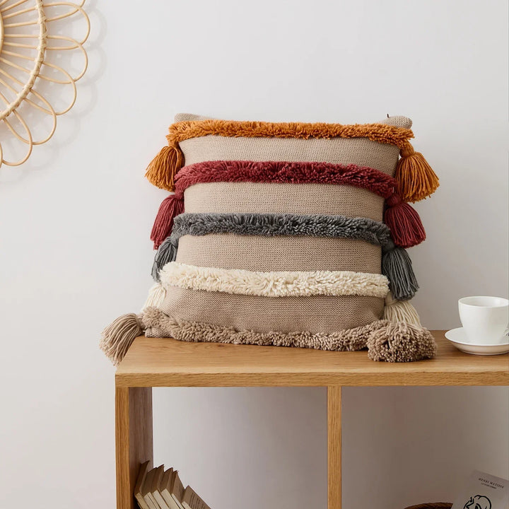 BowLift | Bohemian Velour Cushion Cover - Woven Cushion Cover with Colorful Stripes and Fringes