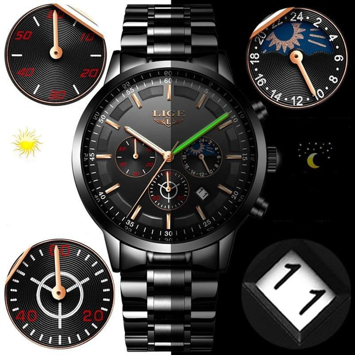 BowLift | Military Black Steel Watch – Men's Stainless Steel Wristwatch with Day, Date & Night Display