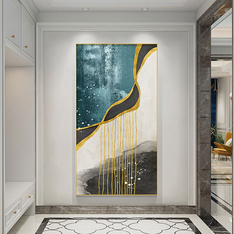Abstract Golden Rain Vertical Format Wall Art Fine Art Canvas Prints Pictures For Entrance Hall Reception Living Room Art Decor | Bowlift