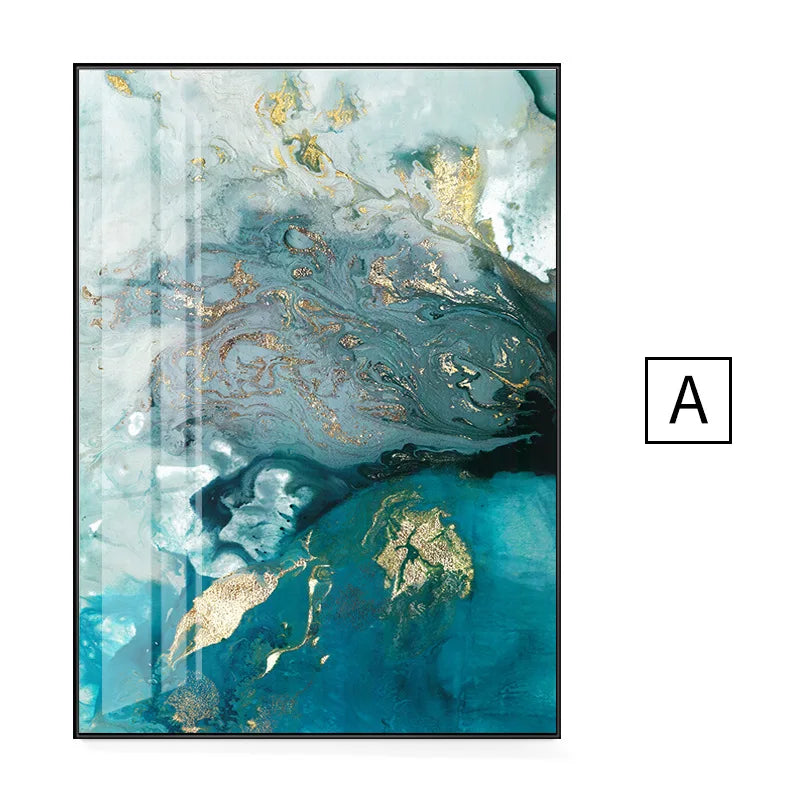 Abstract Aqua Blue Green Jade Golden Liquid Marble Print Wall Art Fine Art Canvas Prints Pictures For Luxury Living Room Art Decor | Bowlift