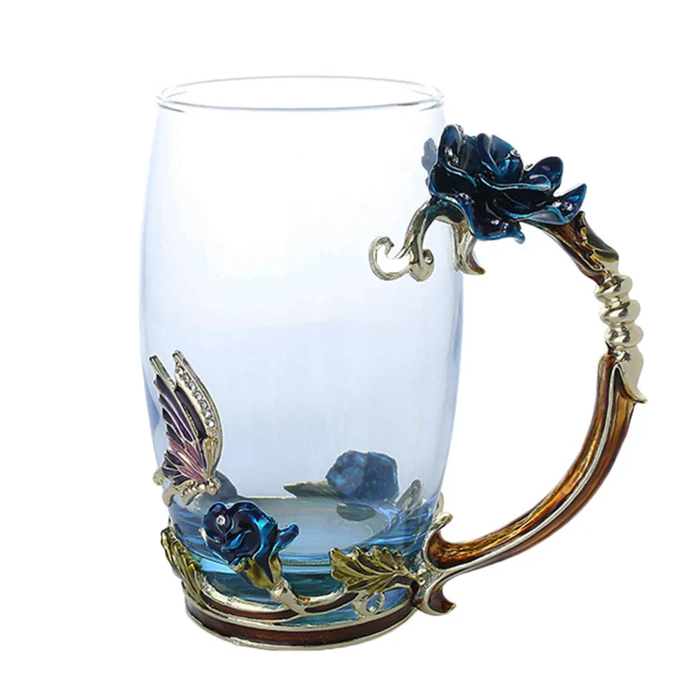 BowLift | Handcrafted Enamel Coffee Mugs Rose-Glass Tea Cup with Steel Spoon Luxury Unique Gifts for Wedding Valentine's Day Birthday Gifts