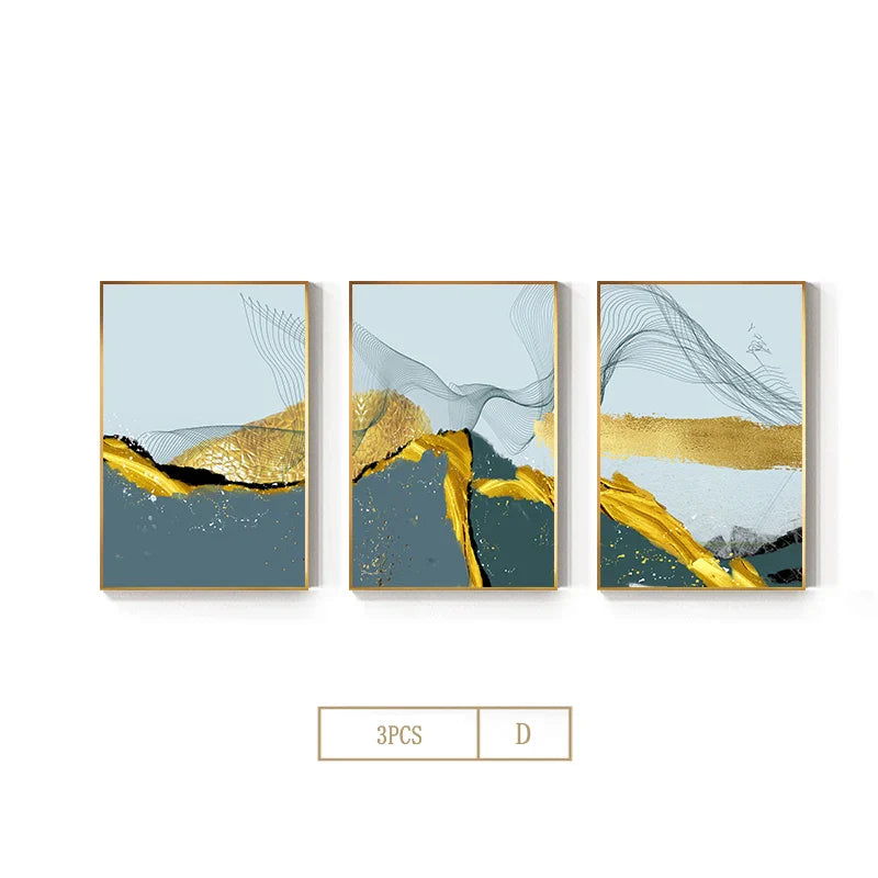 Blue Golden Minimalist Wall Art Fine Art Canvas Prints Scandinavian Abstract Pictures For Modern Apartment Living Room Home Office Decor | Bowlift