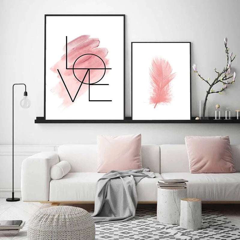 Blush Pink Love Feather Wall Art Fine Art Canvas Prints Minimalist Fashion Pictures For Living Room Girl's Bedroom Fashion Art Decor | Bowlift