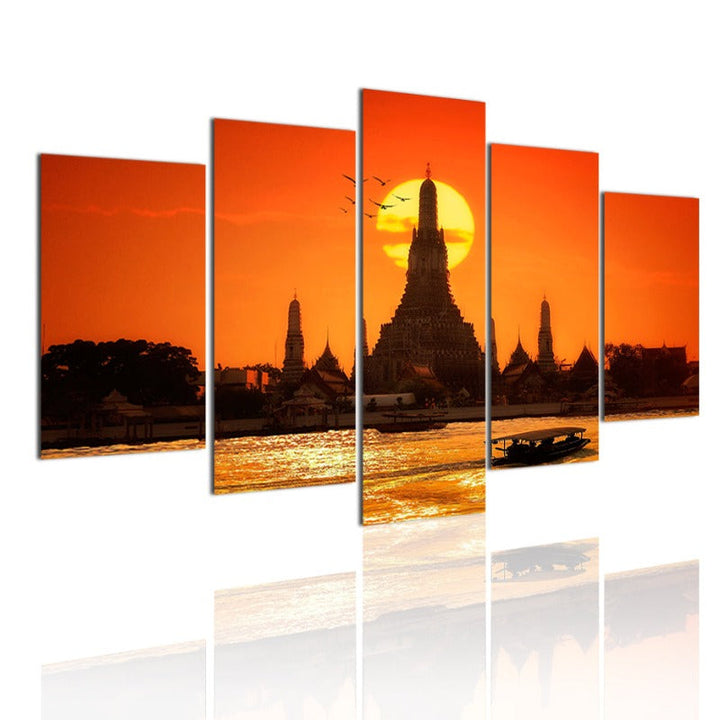 5 Piece Abstract Sunset Temple Bangkok Thailand  - Canvas Wall Art Painting | Bowlift