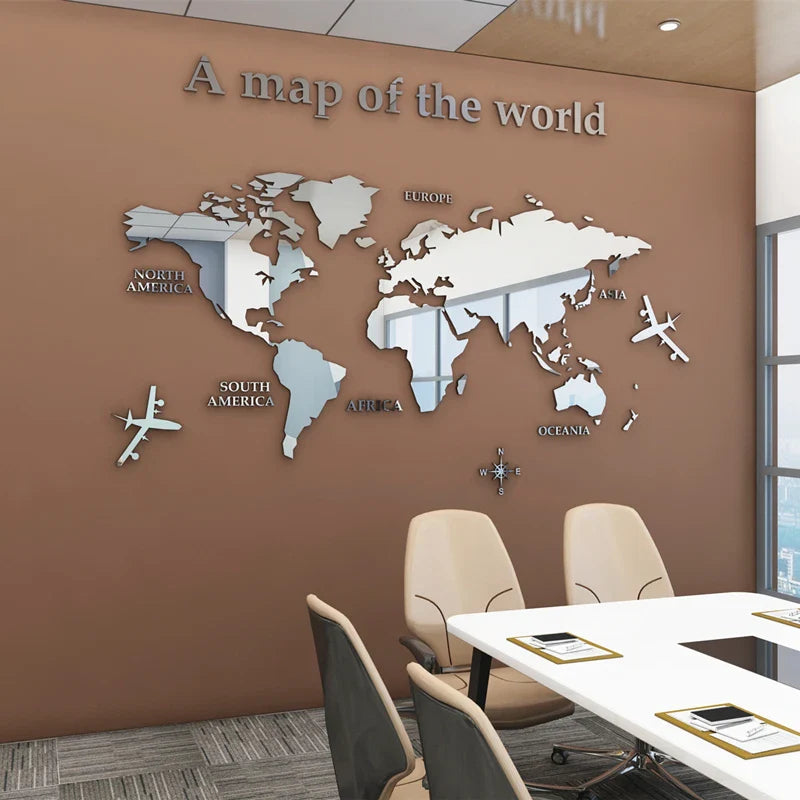 Map Of The World 3d Wall Mural Crystal Mirrored Acrylic World Map Wall Decal Sticker For Office Living Room Kid's Room Creative DIY Home Decor | Bowlift