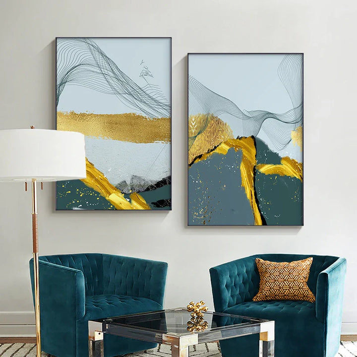 Blue Golden Minimalist Wall Art Fine Art Canvas Prints Scandinavian Abstract Pictures For Modern Apartment Living Room Home Office Decor | Bowlift