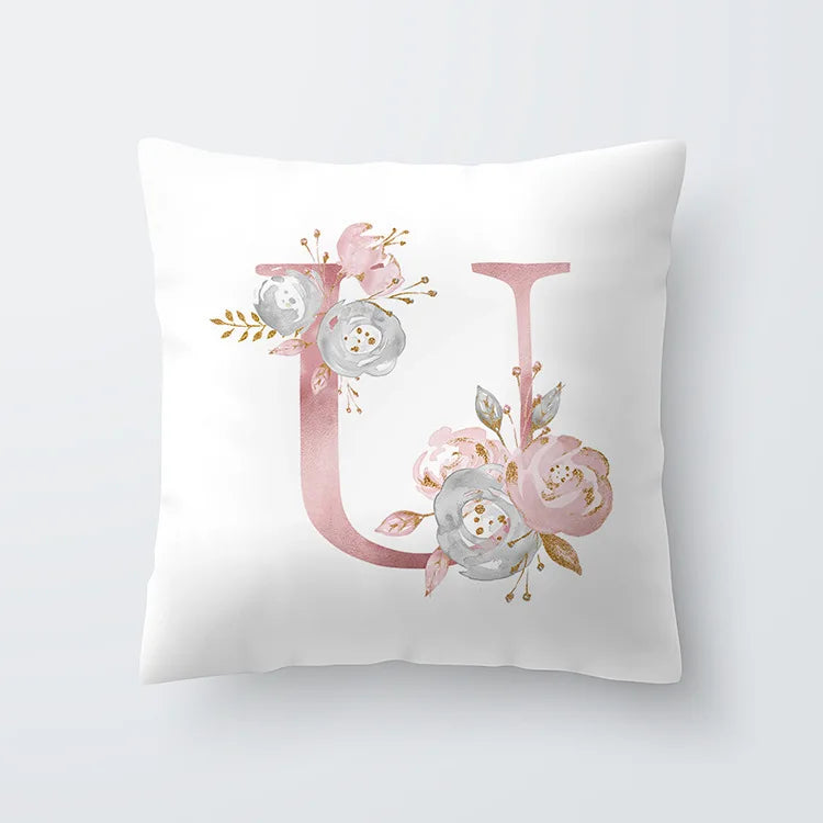 Pink Golden Floral Letter Cushion Case 45x45cm Cushion Cover For Living Room Sofa Throw Cushion Polyester Cotton Square Pillow Cases | Bowlift