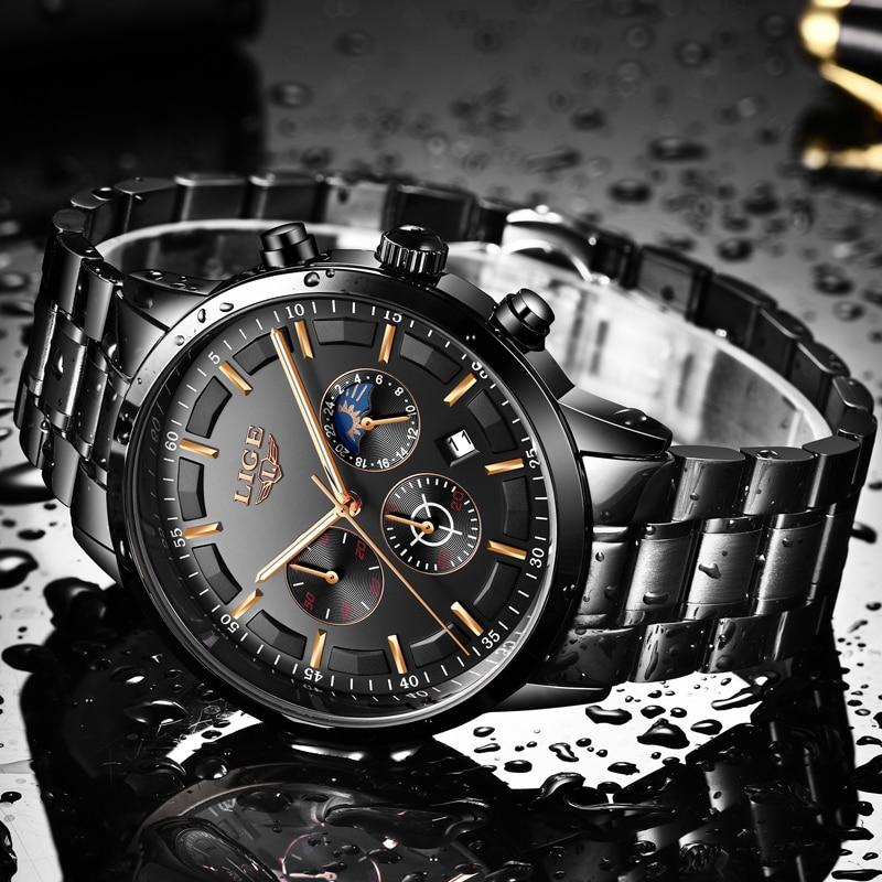 BowLift | Military Black Steel Watch – Men's Stainless Steel Wristwatch with Day, Date & Night Display