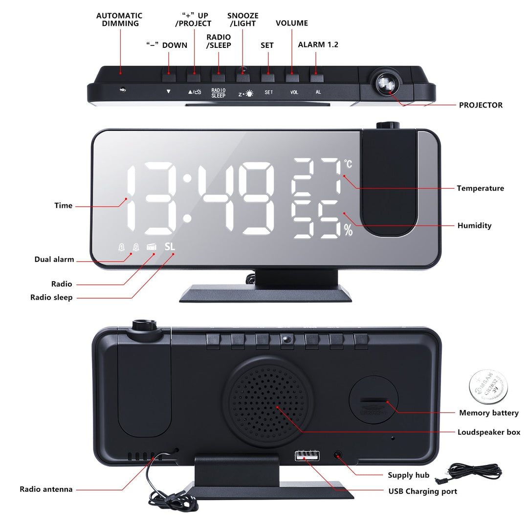 BowLift | Eindhoven Astronatic | The Best Alarm Clock with LED Screen - 180° Projector - USB Charger