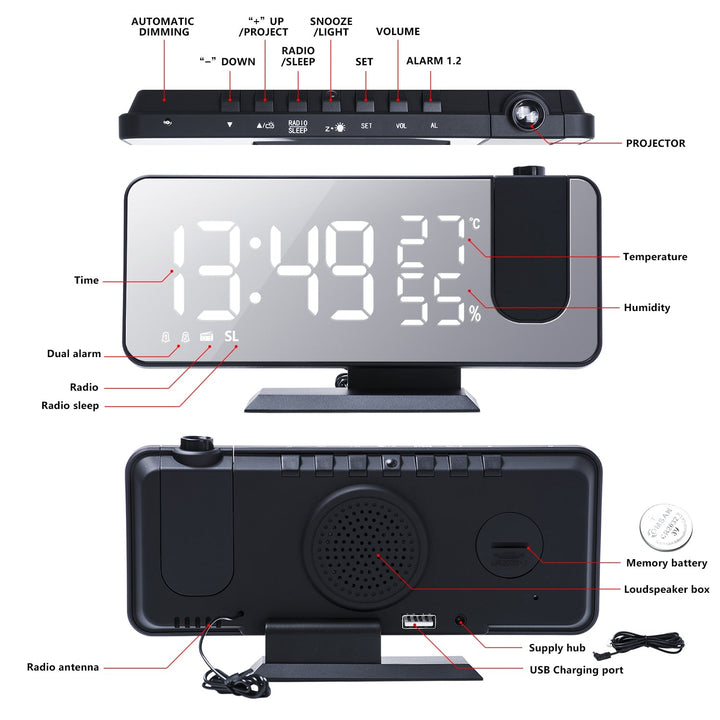 BowLift | Eindhoven Astronatic | The Best Alarm Clock with LED Screen - 180° Projector - USB Charger