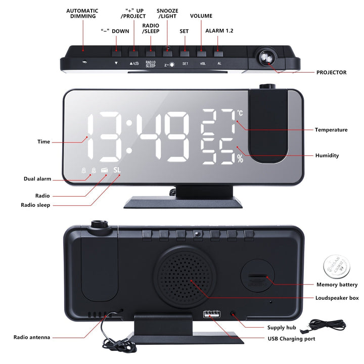 Innovative LED Projector Alarm Clock with USB Bowlift