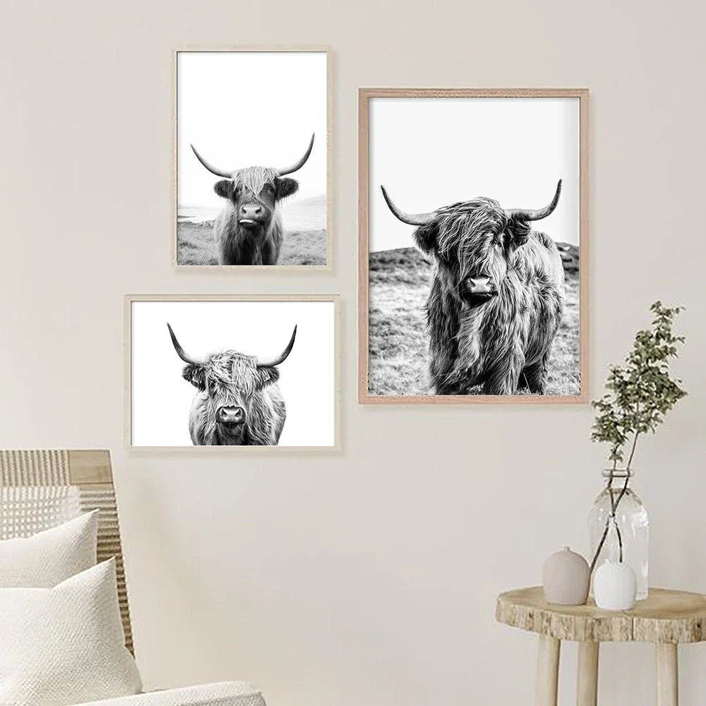 Highland Cattle Black White Minimalist Wall Art Fine Art Canvas Prints Posters Pictures For Living Room Dining Room Nordic Home Decor | Bowlift
