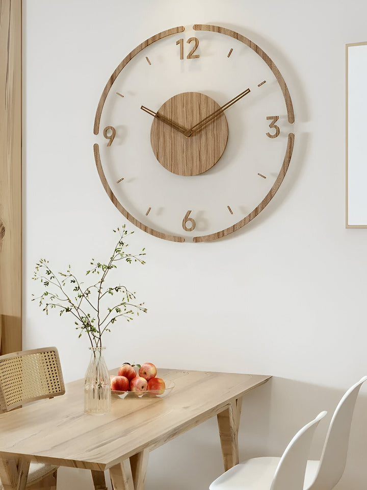 ClearWood Transparent Wall Clock – Silent Quartz with Wood Details | Bowlift