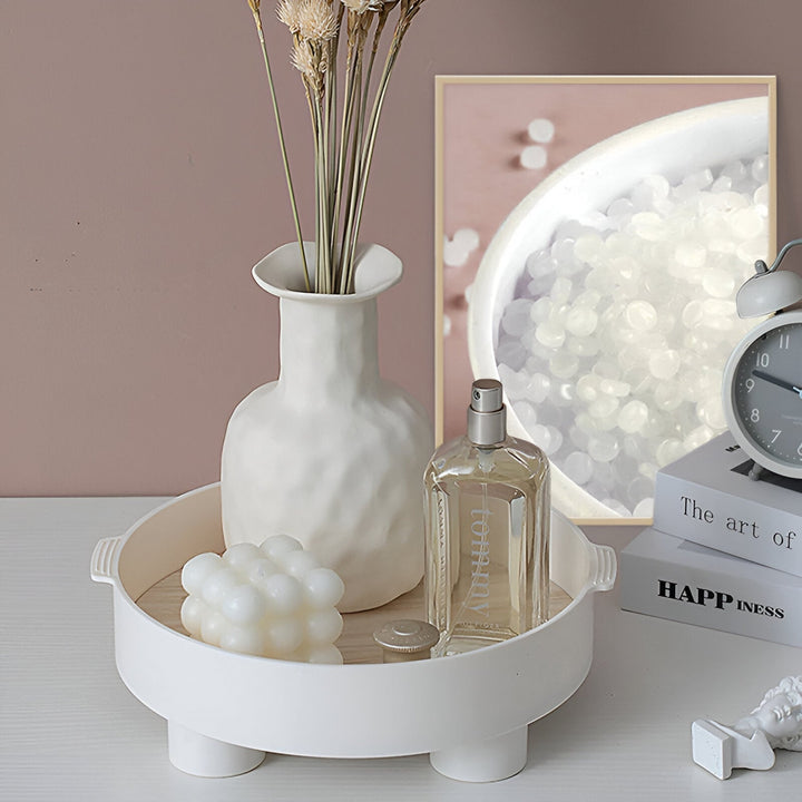 BowLift | Round Serving Tray - Decorative Tray Made of Wood - White Tray Made of Ceramic