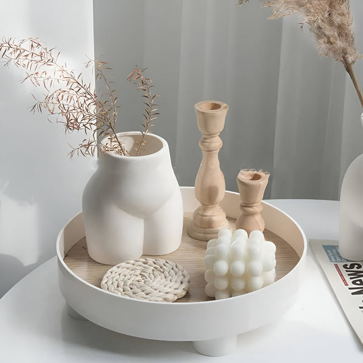 BowLift | Round Serving Tray - Decorative Tray Made of Wood - White Tray Made of Ceramic