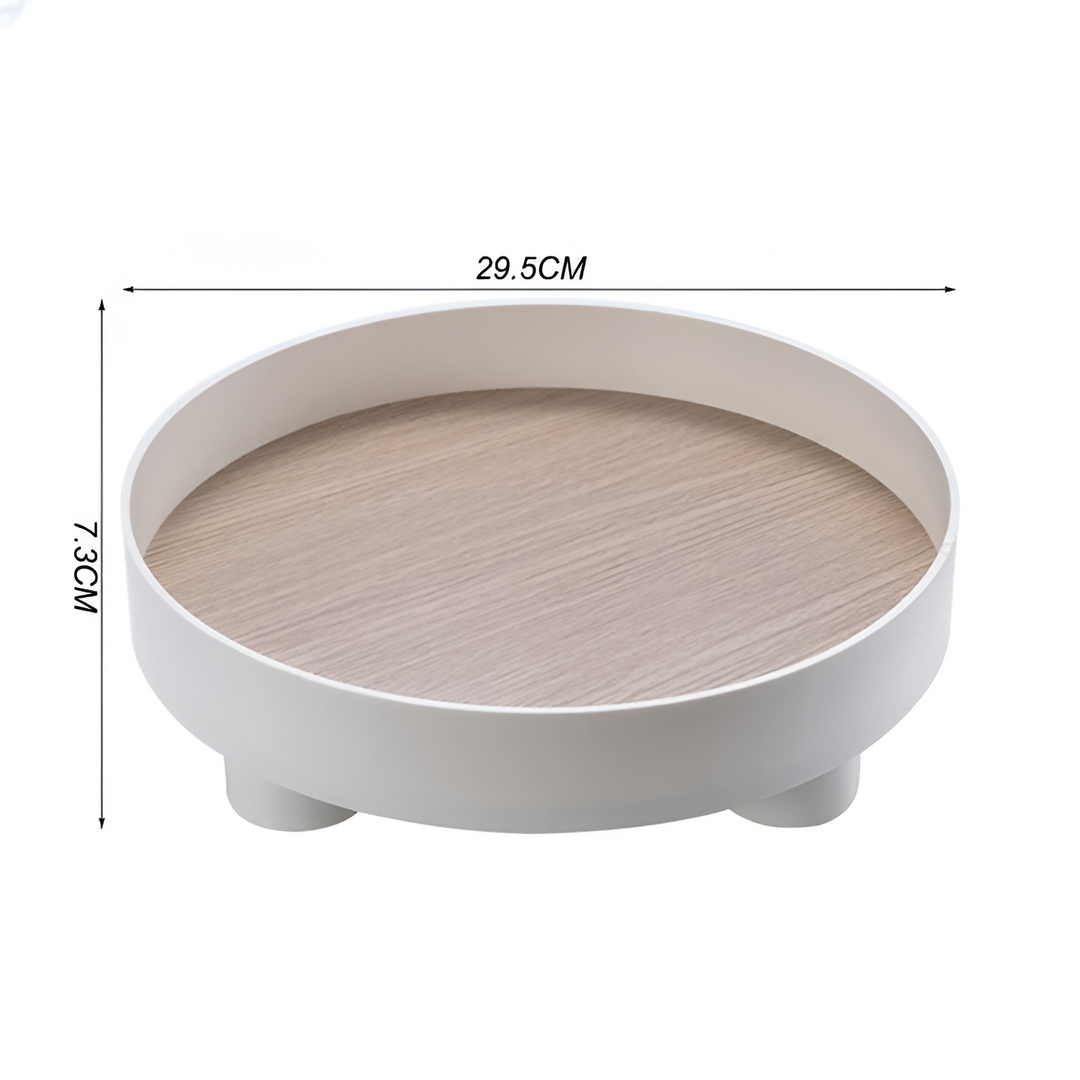 BowLift | Round Serving Tray - Decorative Tray Made of Wood - White Tray Made of Ceramic
