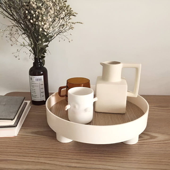 BowLift | Round Serving Tray - Decorative Tray Made of Wood - White Tray Made of Ceramic