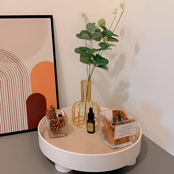 BowLift | Round Serving Tray - Decorative Tray Made of Wood - White Tray Made of Ceramic