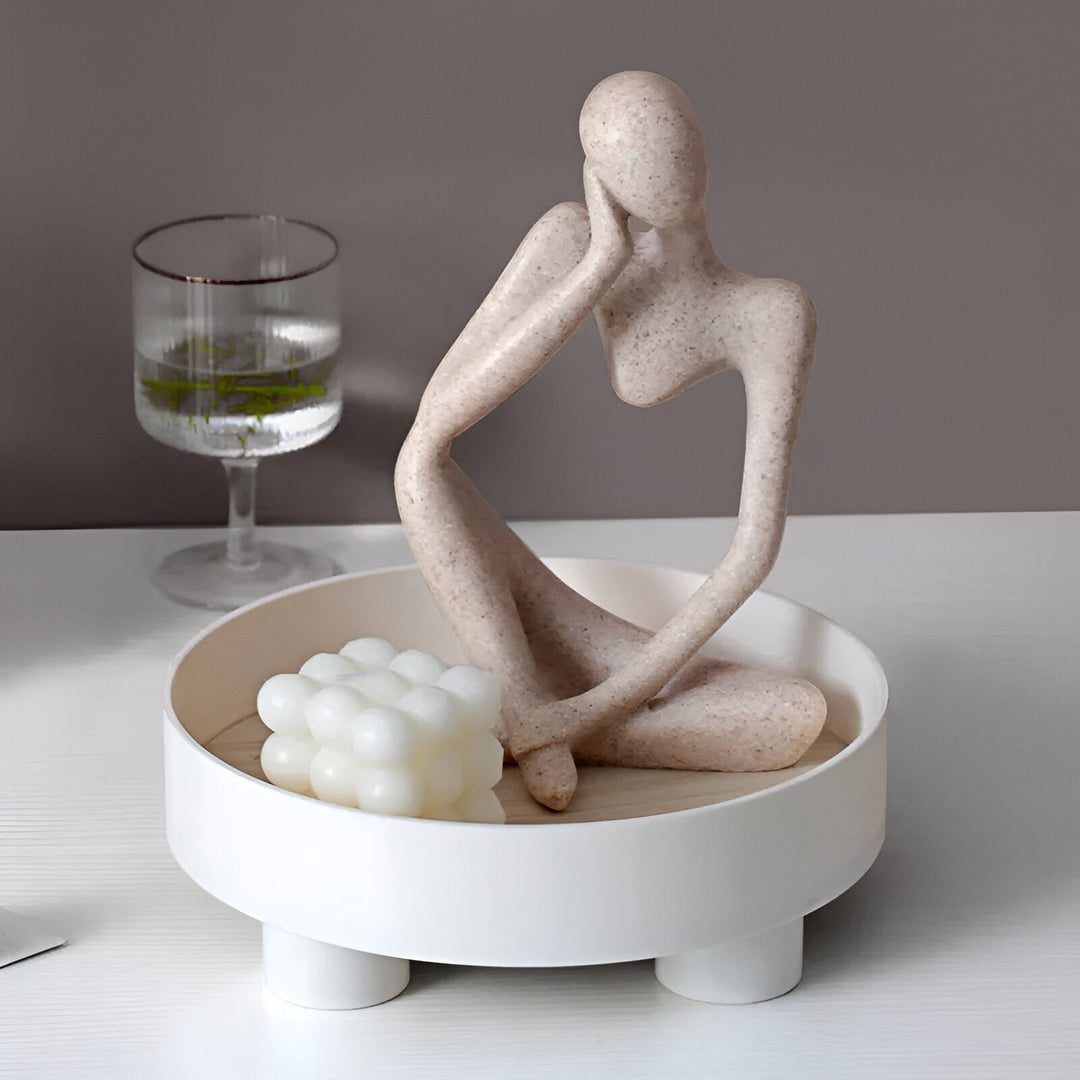BowLift | Round Serving Tray - Decorative Tray Made of Wood - White Tray Made of Ceramic