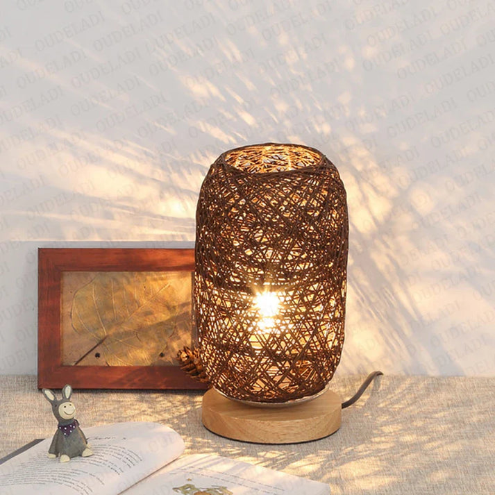 BowLift | HolzLuma LED Table Lamp | Handmade from Wood & Rope | Warm White Light | For Bedroom & Living Room