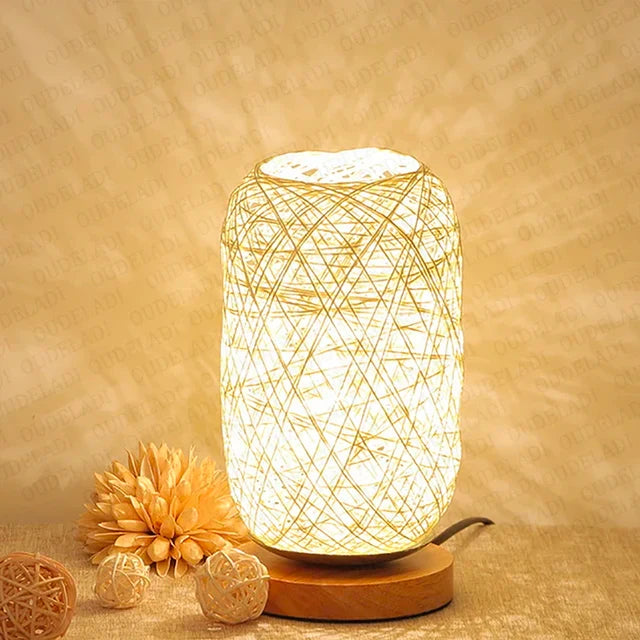 BowLift | HolzLuma LED Table Lamp | Handmade from Wood & Rope | Warm White Light | For Bedroom & Living Room