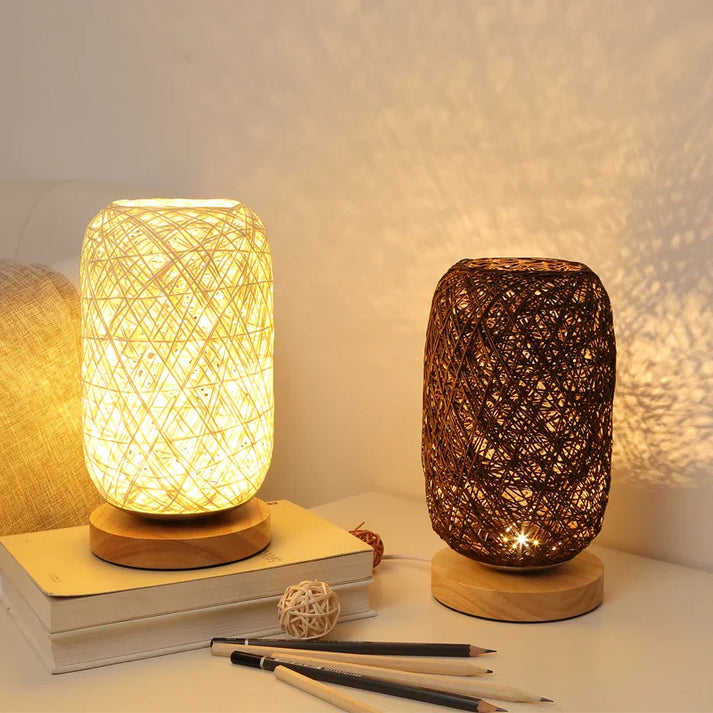 BowLift | HolzLuma LED Table Lamp | Handmade from Wood & Rope | Warm White Light | For Bedroom & Living Room