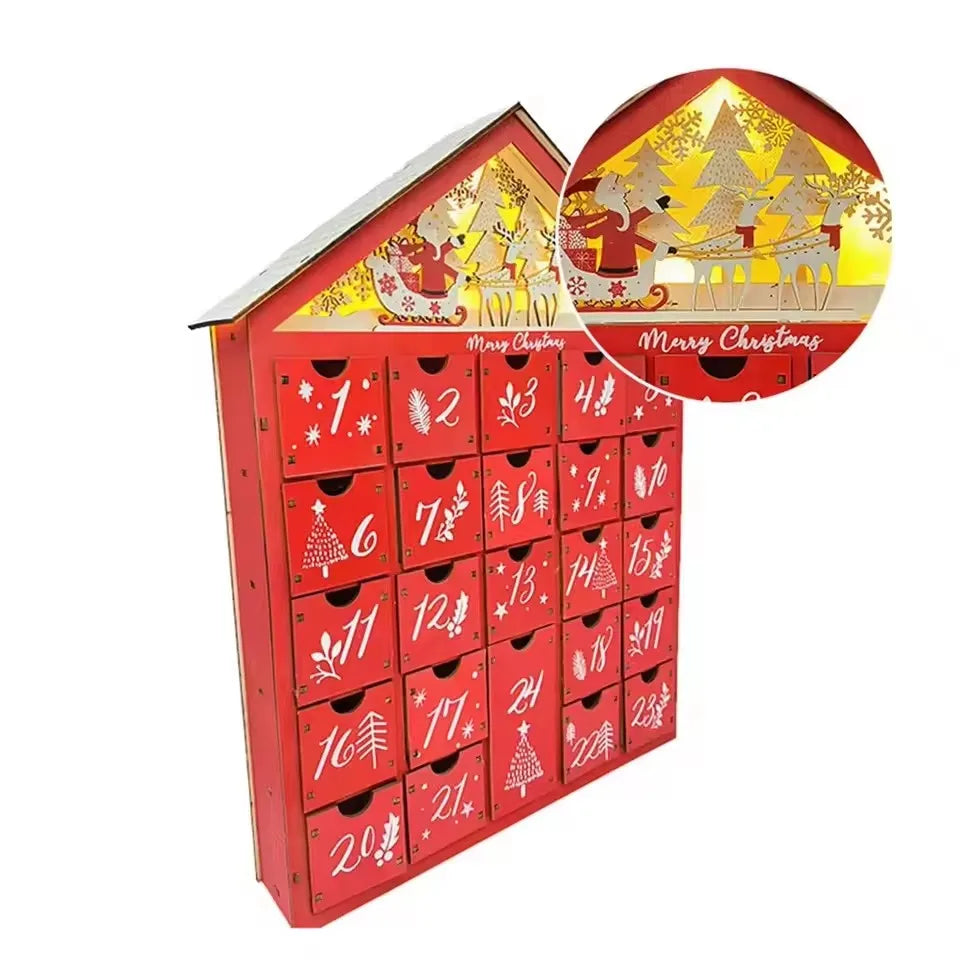 BowLift | Wooden Advent Calendar with 24 Storage Drawers – Refillable DIY Christmas Countdown with Lighting, 30 x 6.3 x 39 cm
