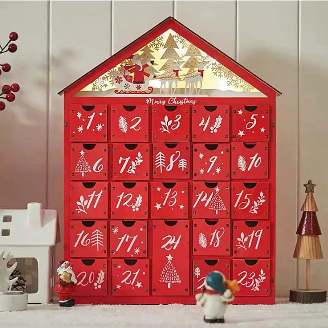 BowLift | Wooden Advent Calendar with 24 Storage Drawers – Refillable DIY Christmas Countdown with Lighting, 30 x 6.3 x 39 cm