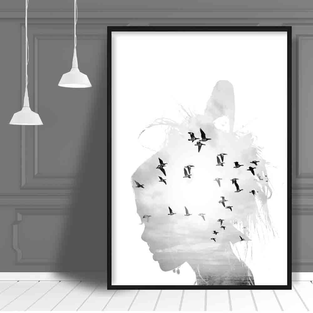 Black & White Fashion Photo Woman Silhouette Birds Print | Bowlift