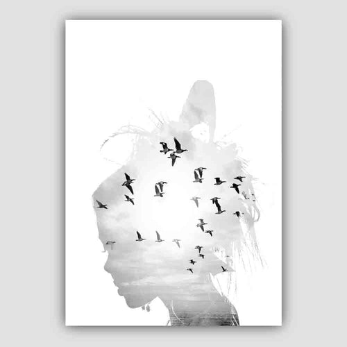 Black & White Fashion Photo Woman Silhouette Birds Print | Bowlift